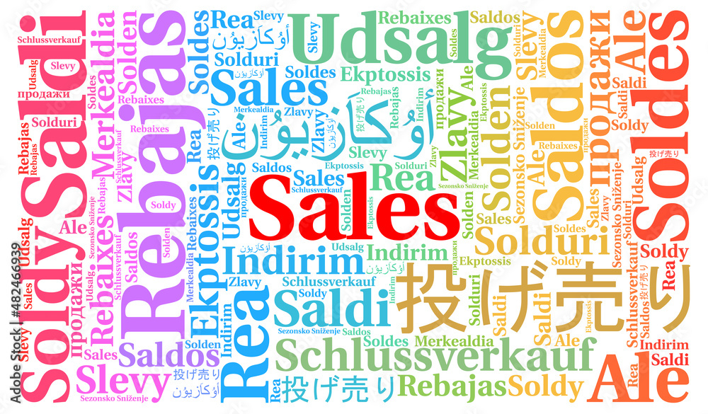 Sales in different languages word cloud concept 