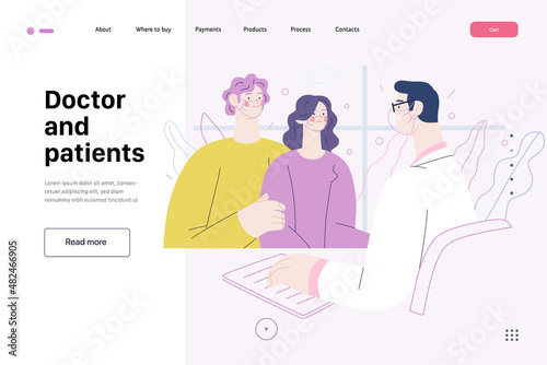 Doctor and patients -medical insurance web template - modern flat vector concept digital illustration. A male family doctor is talking friendly to a young couple, in the medical office
