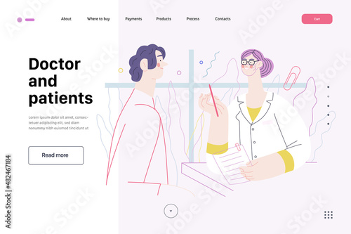 Doctor and patients -medical insurance web template - modern flat vector concept digital illustration. A female doctor is talking with compassion to a male patient, in the medical office