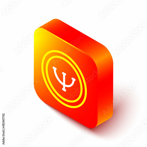 Isometric line Psychology icon isolated on white background. Psi symbol. Mental health concept, psychoanalysis analysis and psychotherapy. Orange square button. Vector