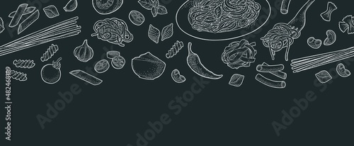 Pattern set with different types of pasta. Vector vintage engraving