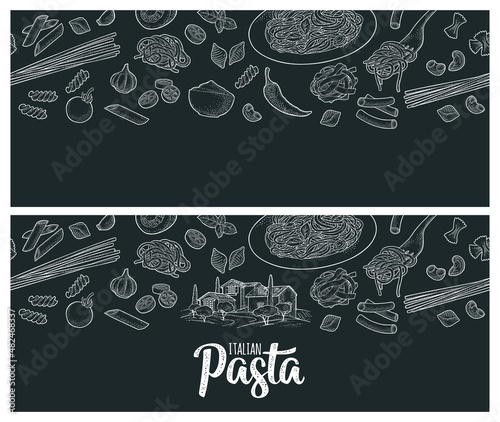 Pattern set with different types of pasta. Vector vintage engraving