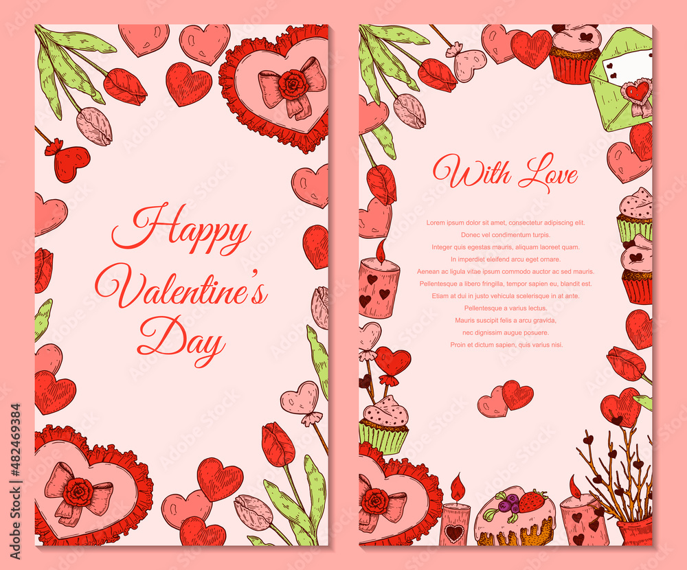 Naklejka premium Two side Valentines day vertical greeting card with hand drawn elements. Vector illustration