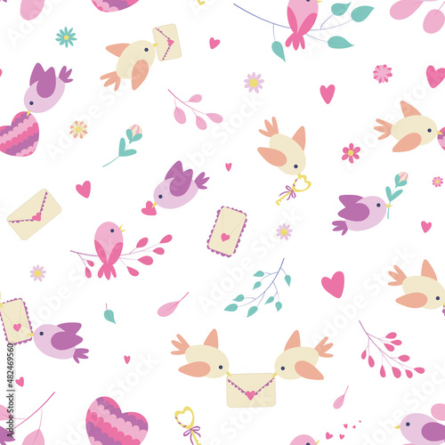 Valentine's Day object about love and romance - cute birds with love letters, hearts and flowers. For wrapping paper, cards, backgrounds, postcards, congratulations, print.
