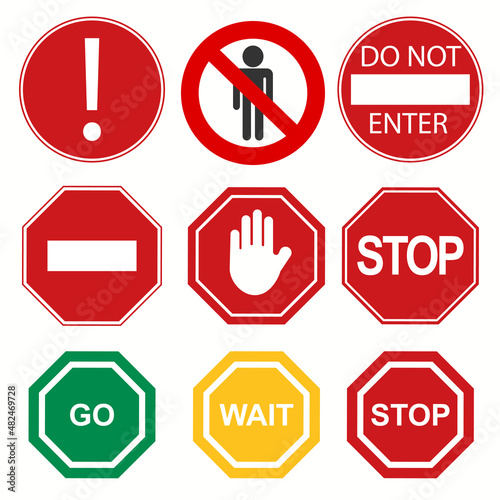 Stop signs collection in red and white, traffic sign to notify drivers and provide safe and orderly street operation. Vector flat style illustration isolated on white background