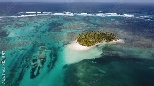 Aerial view of a desert island with a clear and transparent sea and a pristine beach in the archipelago of guna yala, Panama, San blas. photo