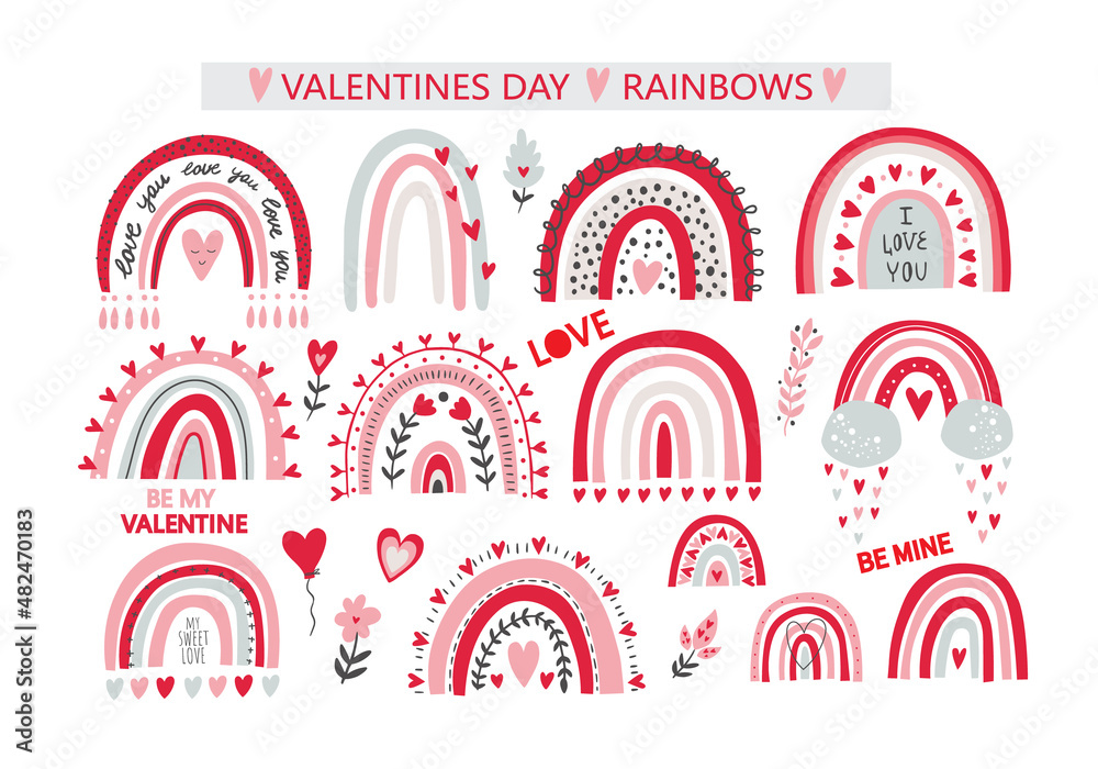 Set clipart elements Valentine's day in boho style. Bohemian romantic pattern happy Valentine day. Boho rainbow, heart and flowers. Vector Set clipart elements Valentine's day in boho style. Bohemian romantic pattern happy Valentine day. Boho rainbow, heart and flowers. Vector
