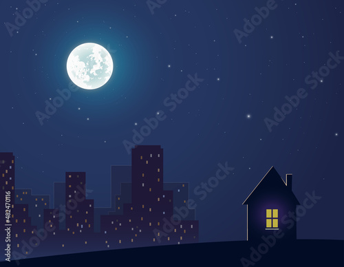 Home. Suburbia. Silhouette Lonely house on a hill against the background of a night city. Illuminated bylight of the full moon. Sky full of stars. Suburb. Suburban area. Uptown. Light in window.