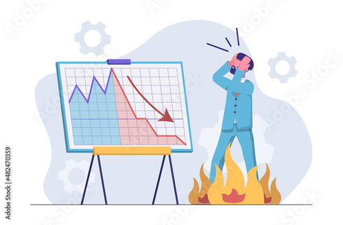 Financial economic crisis. The businessman is in shock. There is a drop in indicators on the chart, an arrow down.