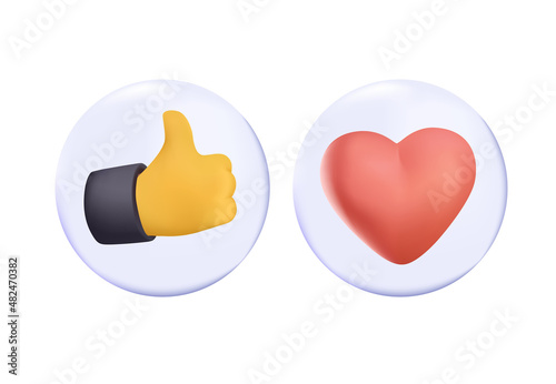 3d icons, volume thumb up gesture and heart as likes on red and blue circles. Thumbs, heart icon. Vector love and love