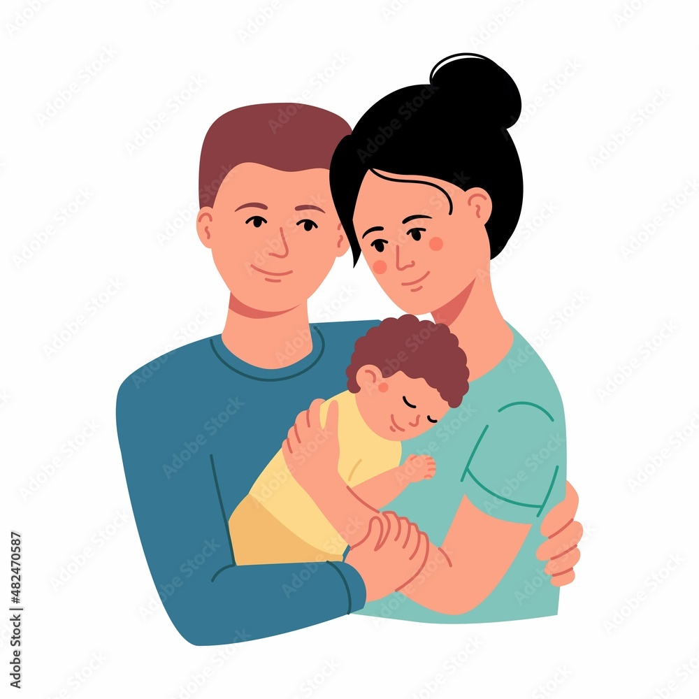A young happy couple parents hugs their newborn with care and love. Father and mother Family and child care vector concept.