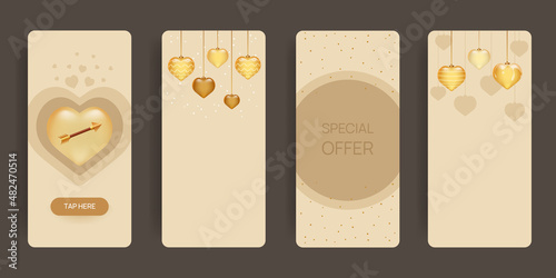 Vertical valentines day banners with golden hearts and arrow inside. Web template design set