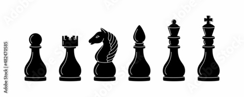 Collection of chess figures. vector illustration. Set of different chess pieces in black color. Games and entertainment. Big and small parts.