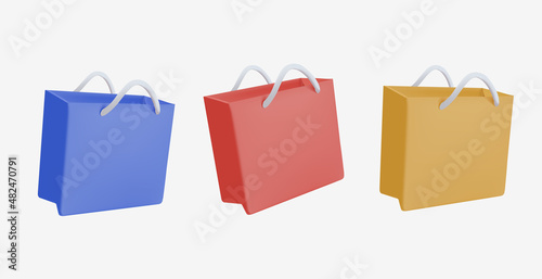 Set of Shopping bag realistic 3d design. Stylish fashionable bag isolated on white background. Colored collection.