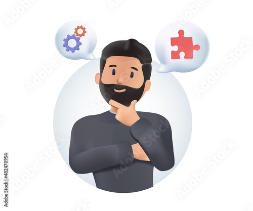 Young man thinking, searching idea, trying to find a solution. Brainstorming concept. 3d vector people character