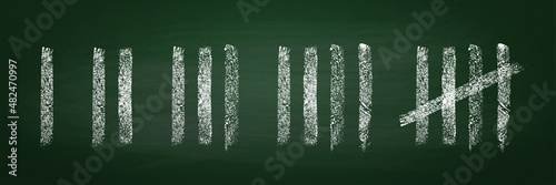 Tally marks count Chalk on a Green chalkboard wall sticks lines counter.