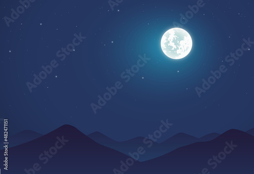 Silhouette Mountains Night Sky. Full Moon. Hills Illuminated by the light of the moon.