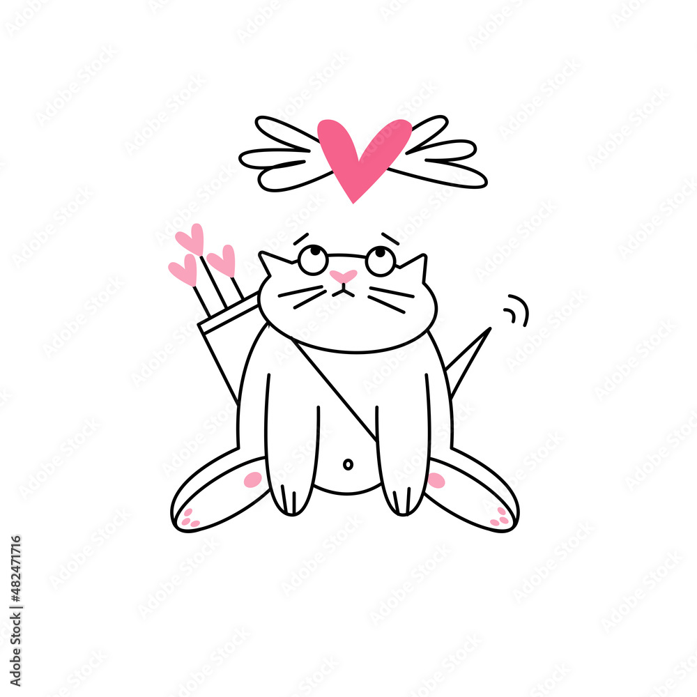 Obraz premium Funny valentines cupid cat with watching the heart above its head.