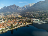 Aerial view beautiful panorama of Lake Como coastline, old little village, Mandello del Lario, Lombardy, Italy