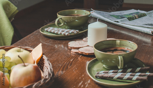 Afternoon coffee in wooden house