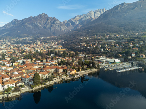 Aerial view beautiful panorama of Lake Como coastline, old little village, Mandello del Lario, Lombardy, Italy