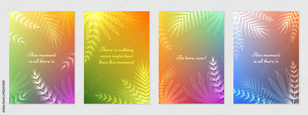 Vector set of bright gradient covers with palm leaves and shiny plants. Design of flyers, banners, card, posters for products of yoga, mental health, meditation, enjoy and concept with positive vibes. Vector set of bright gradient covers with palm leaves and shiny plants. Design of flyers, banners, card, posters for products of yoga, mental health, meditation, enjoy and concept with positive vibes.