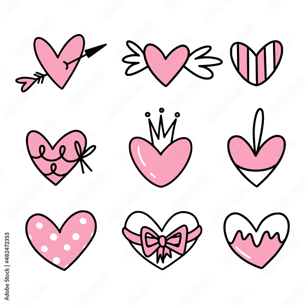 Set of valentine doodles with different types of hearts