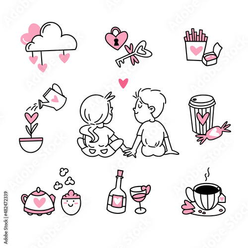 Set of love doodles with couples best matches for St. Valentine's Day with padlock and key, french fries and sauce, watering can and flower, sweeties and coffee.