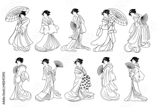 Tela Set of outline of japanese geisha with traditional clothes Vector