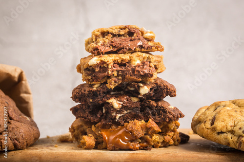 stuffed cookies with melted chocolate and caramel, selective focu