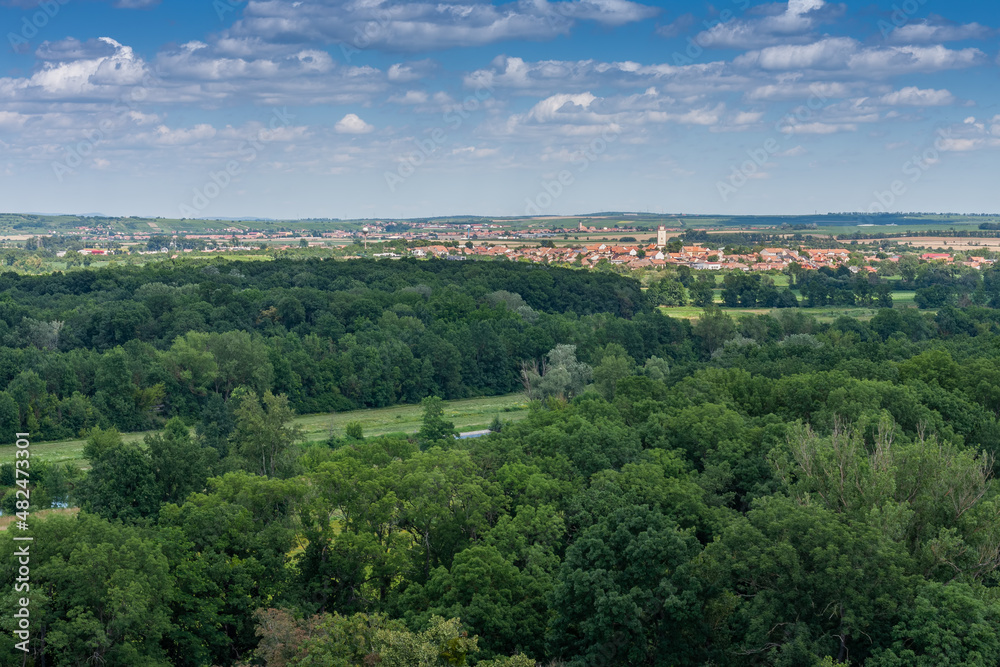 Lednice-Valtice complex, view from Minaret-observation tower for park with trees, on background town Podivin