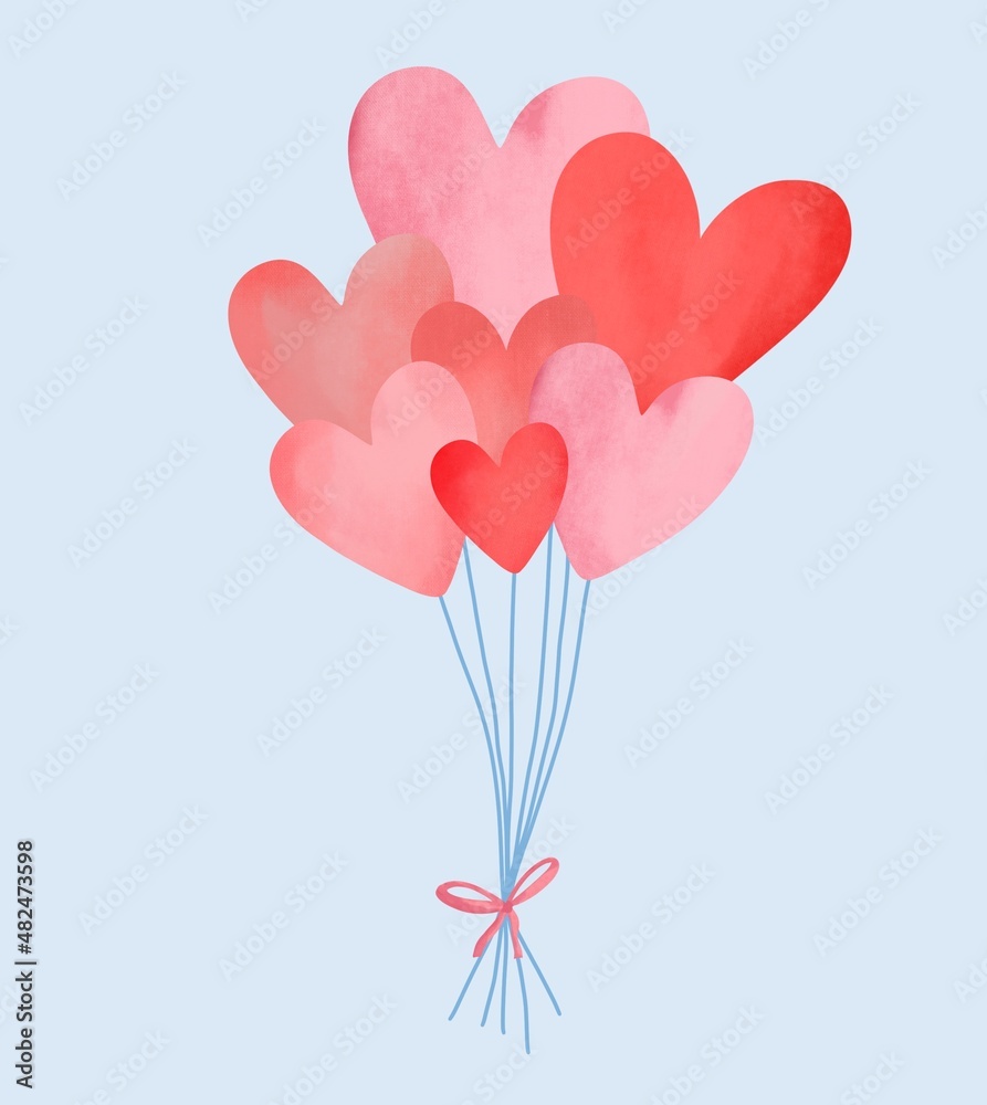 Bunch of balloons set. Romantic surprise gift shape heart balloon. Greeting card for Valentine's Day and other holidays.