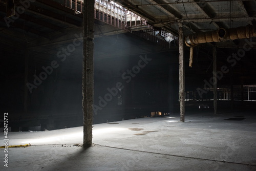 Abandoned shopping mall. Dark urban environment. Large scary place. destruction
