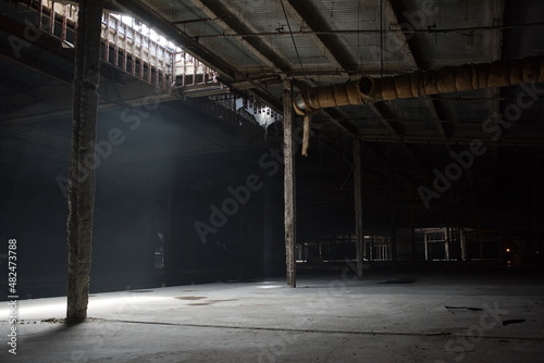 Abandoned shopping mall. Dark urban environment. Large scary place. destruction
