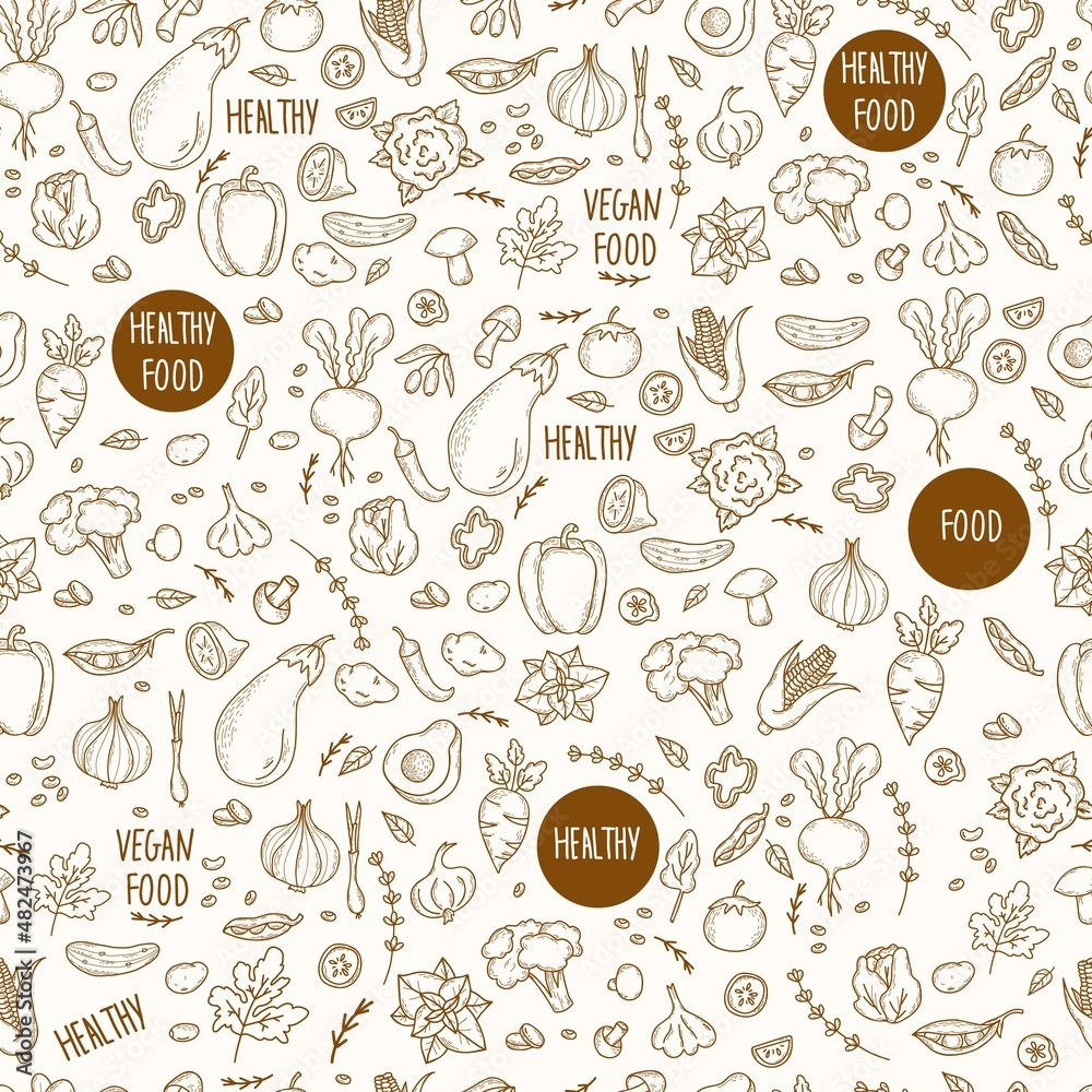 Seamless pattern with vegetables. Linear hand doodles of healthy, vegan food, vegetables, fruit, root and plant spices on white background. Vector illustration for design, decor, wallpaper, packaging