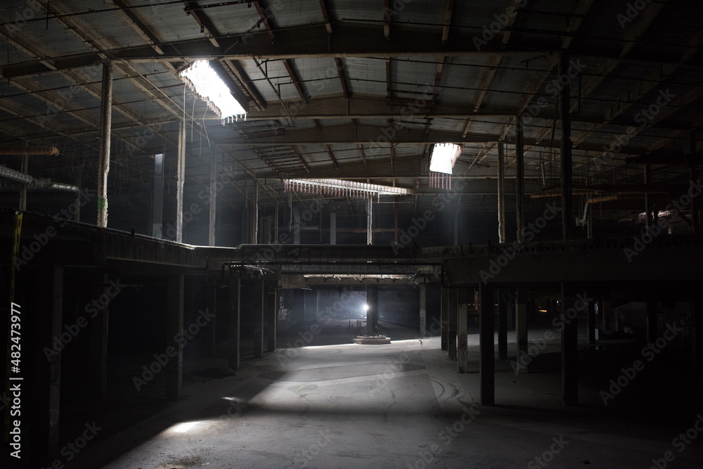 Abandoned shopping mall. Dark urban environment. Large scary place. destruction
