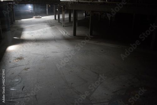 Abandoned shopping mall. Dark urban environment. Large scary place. destruction 