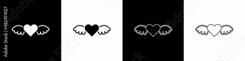 Set Heart with wings icon isolated on black and white background. Love symbol. Happy Valentines day. Vector