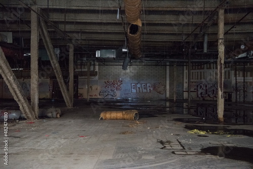 Abandoned shopping mall. Dark urban environment. Large scary place. destruction 