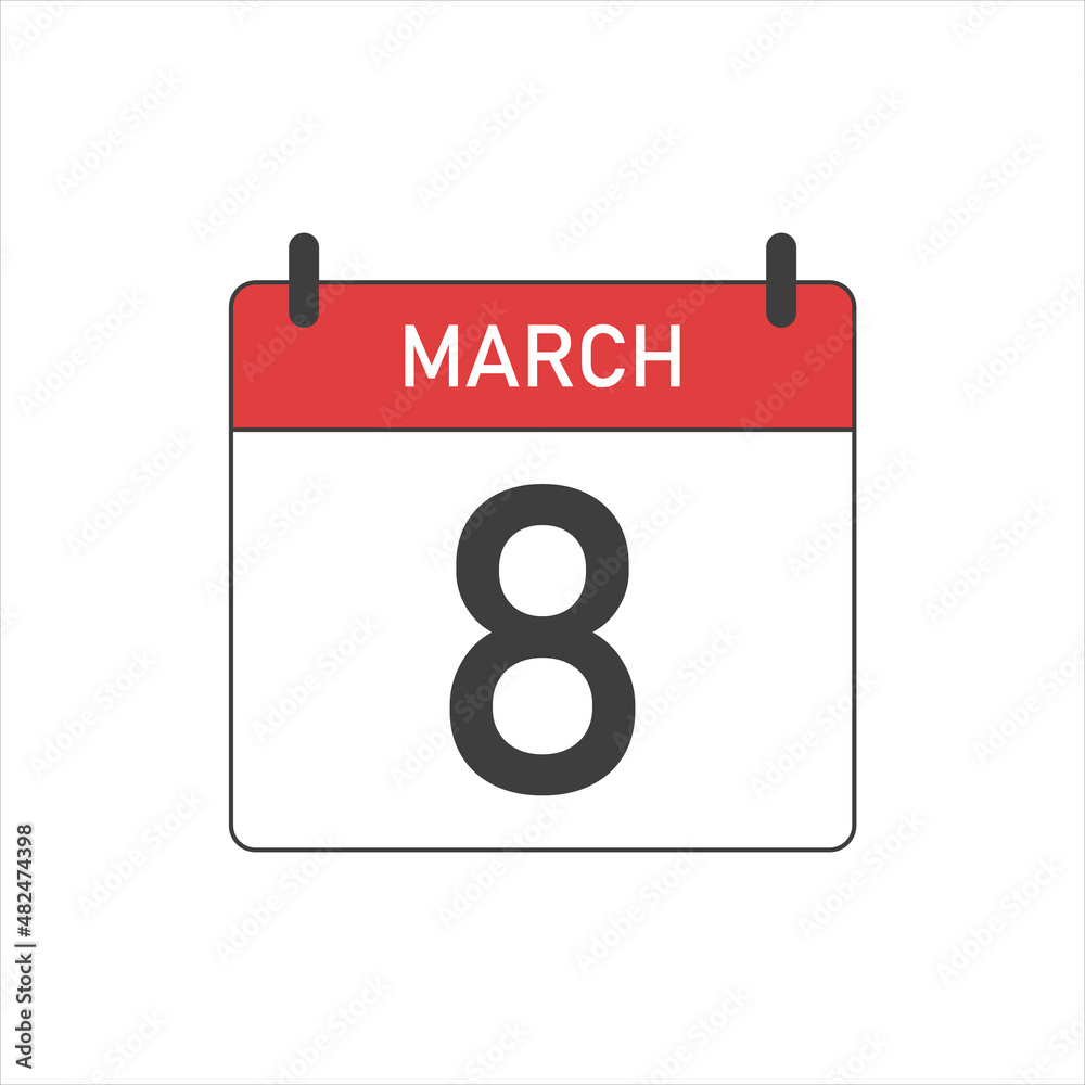 Calendar icon for March 8. March 8 on a white background. Calendar icon for March 8. March 8 on a white background.