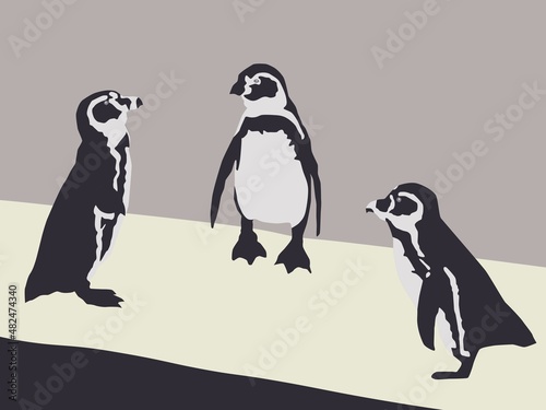 Abstract modern illustration of penguins on the shore, Trendy artistic vector design isolated on white background