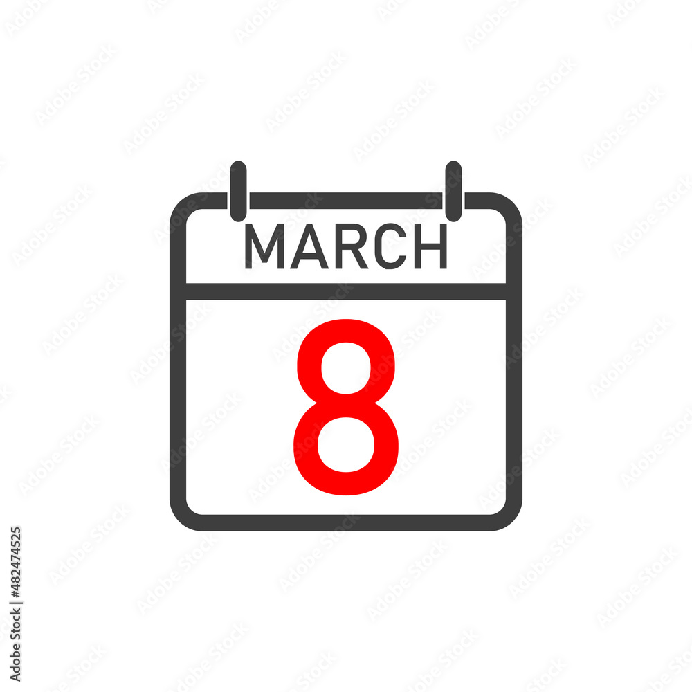 Calendar icon for March 8. March 8 on a white background. Calendar icon for March 8. March 8 on a white background.