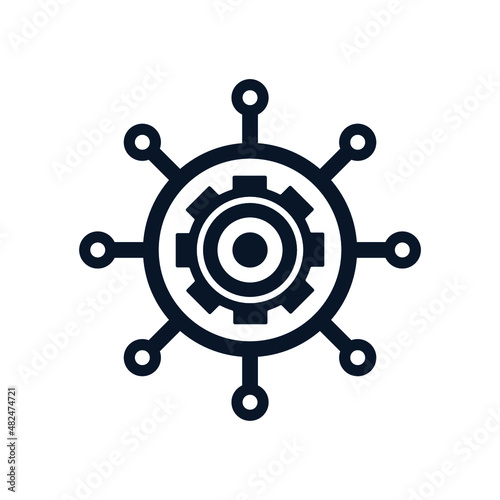 The concept of electronic technological processor, automation, digital network. Business logo. SEO mechanism. Graphic design element. Vector icon isolated on white background.