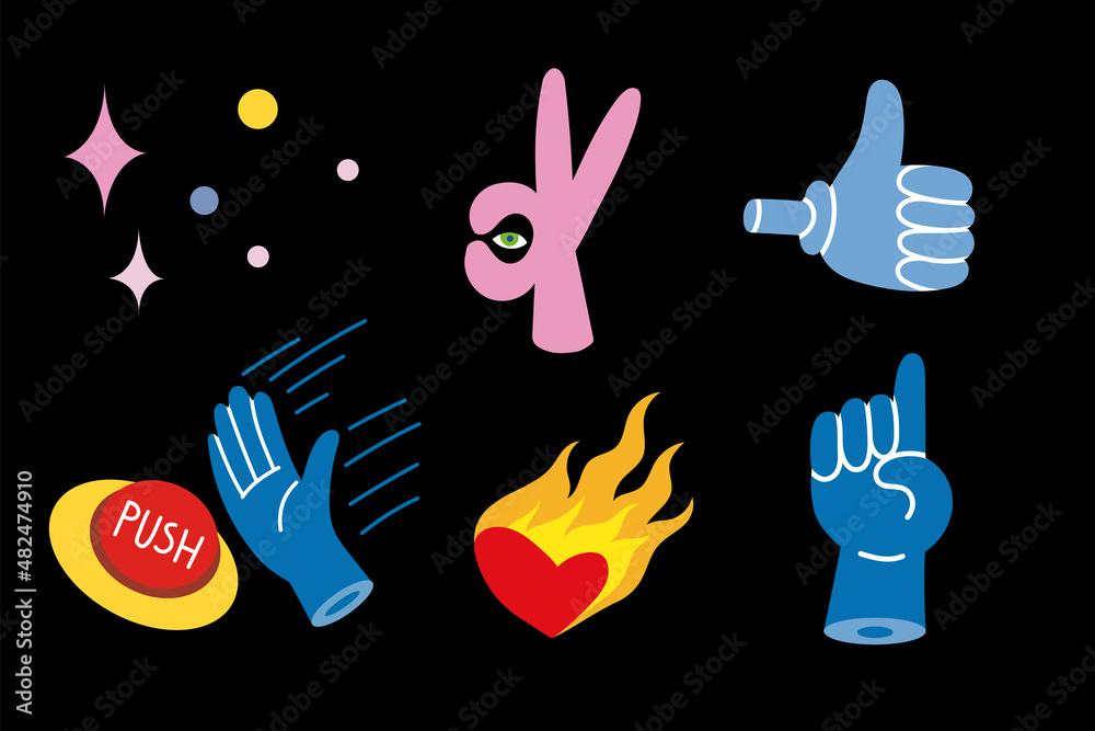 Fototapeta premium Set of colored Vector illustartions in Cartoon Flat design: hand gestures, burning heart.