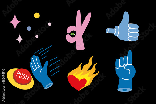 Set of colored Vector illustartions in Cartoon Flat design: hand gestures, burning heart.