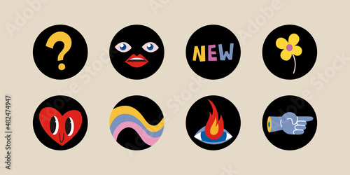 Set of various funny comic vector highlight stories covers: help, new, favorites.
