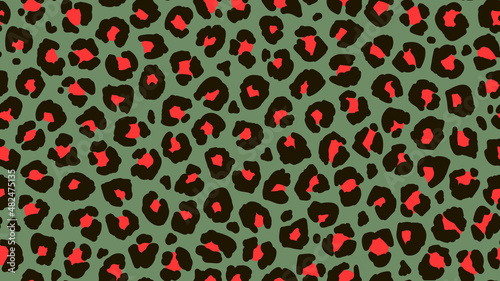 Seamless floral nature medow pattern. Fashionable wild leopard print background. Modern panther animal fabric textile print design. Stylish vector black green and red illustration