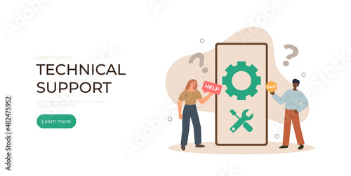 Technical suppert concept. Man and woman standing around phone. Landing page for web page