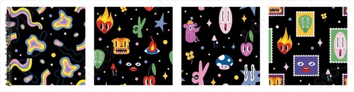 Bundle of Seamless patterns with funny comic cute characters, stamps and doodles.