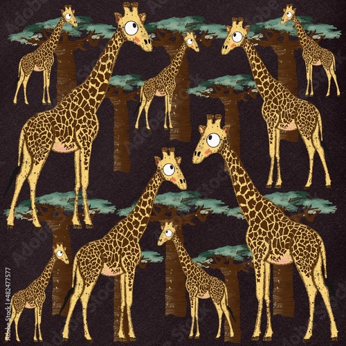 Adorable pattern with baobab and giraffe. Kids design illustration with African animals and trees. Child   s print for fabric  wallpapers  textile on black background.